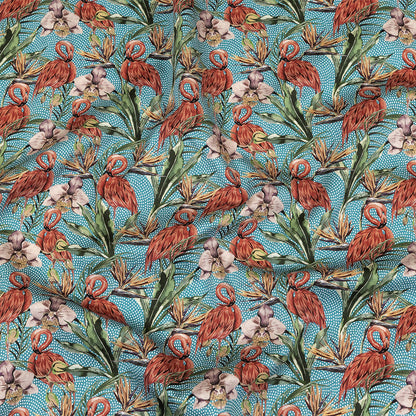 Pink, Green and Blue Flamingos and Foliage Cotton Shirting
