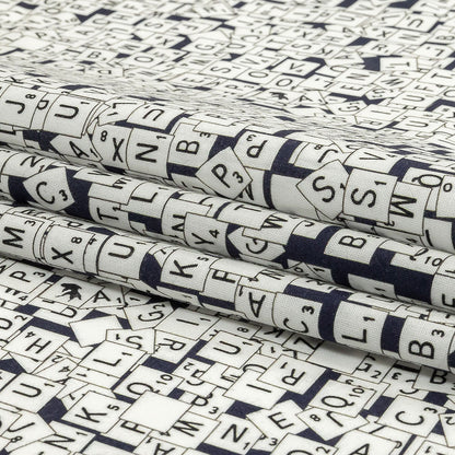Navy Blazer, Vulcan and Snow White Word Game Tiles Stretch Cotton Shirting Folded