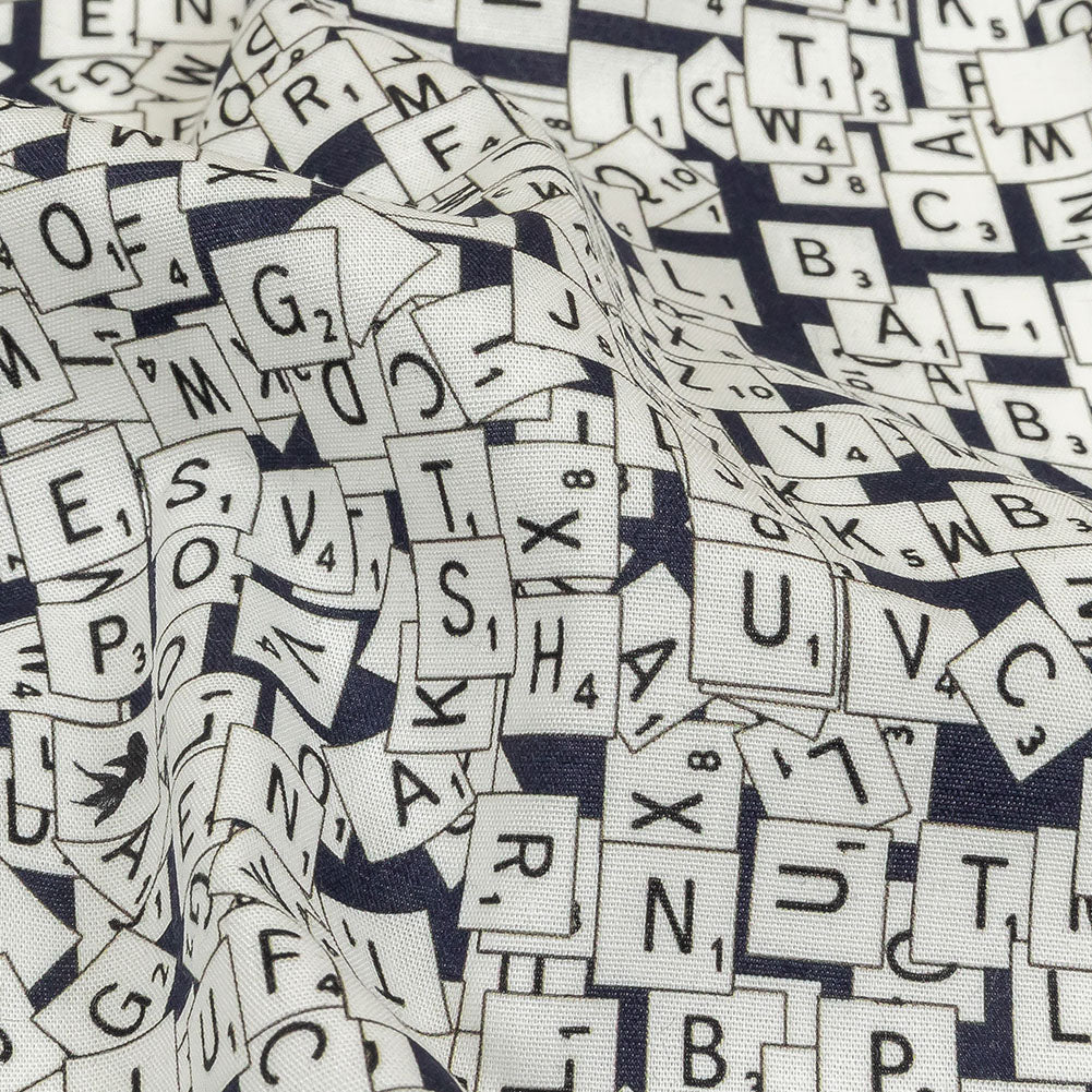 Navy Blazer, Vulcan and Snow White Word Game Tiles Stretch Cotton Shirting Detail