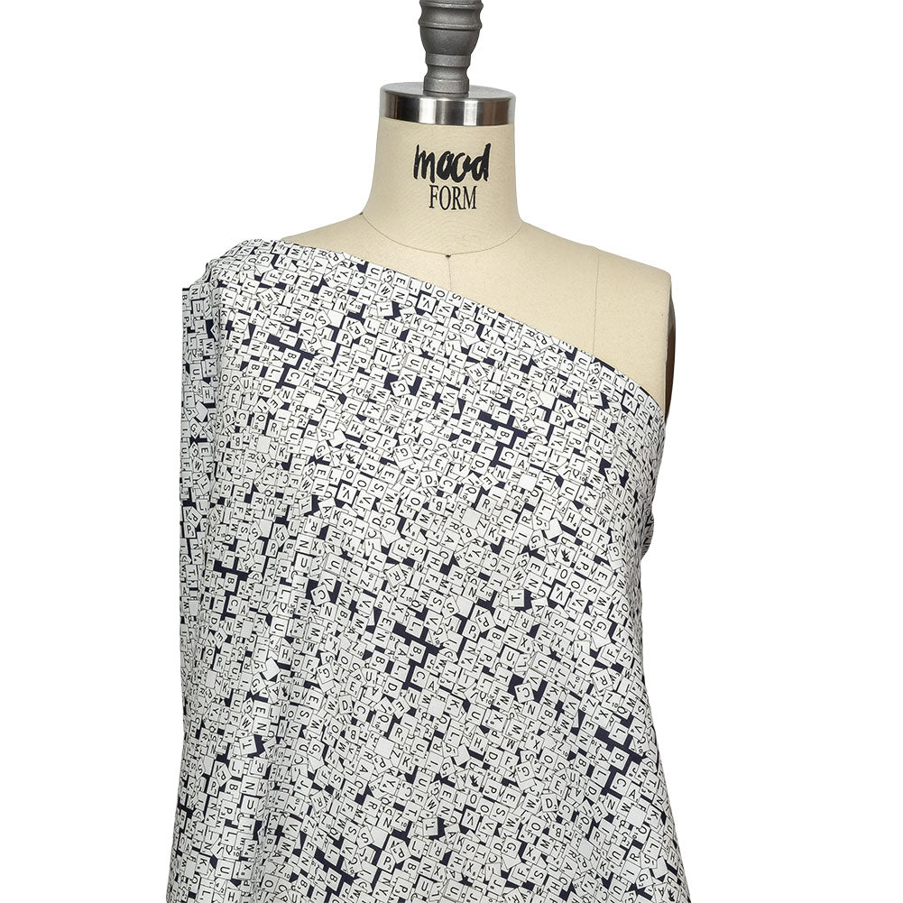 Navy Blazer, Vulcan and Snow White Word Game Tiles Stretch Cotton Shirting Drape