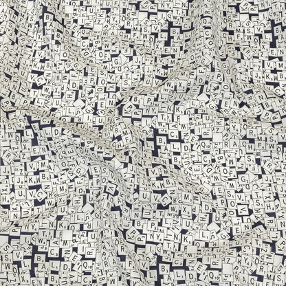 Navy Blazer, Vulcan and Snow White Word Game Tiles Stretch Cotton Shirting