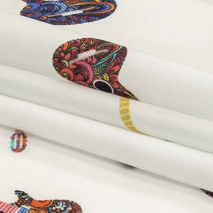 Blanc de Blanc and Multicolor Decorated Guitars Cotton Shirting Folded