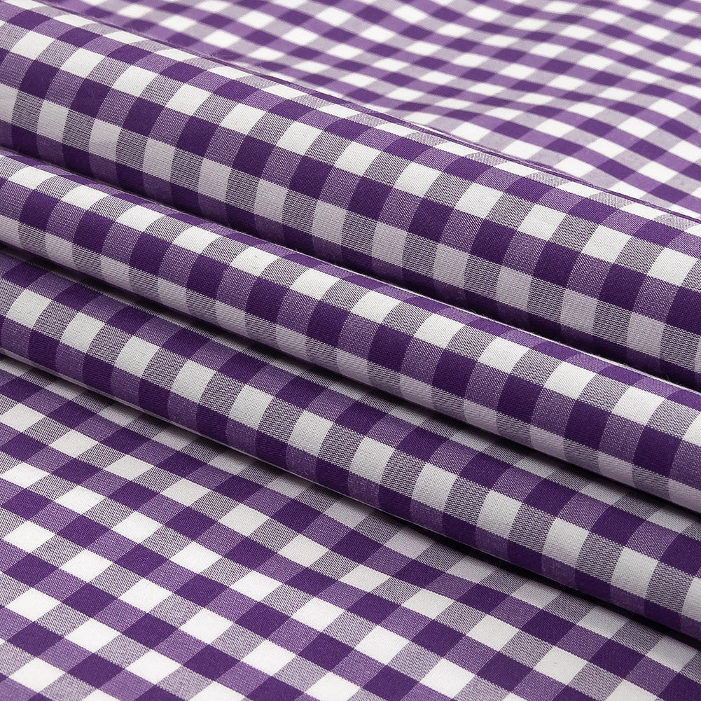 Purple and White Checkered Cotton and Polyester Shirting Folded