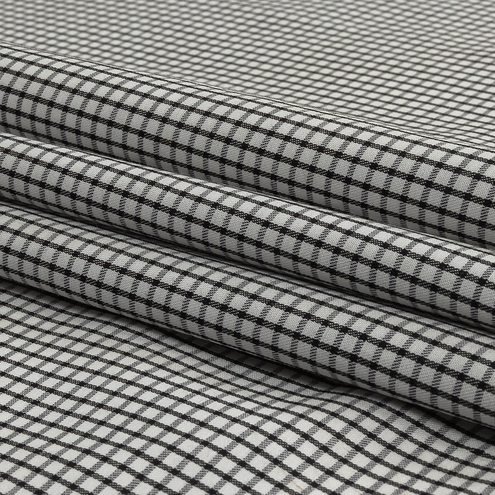 White and Black Checked Cotton and Polyester Twill Folded