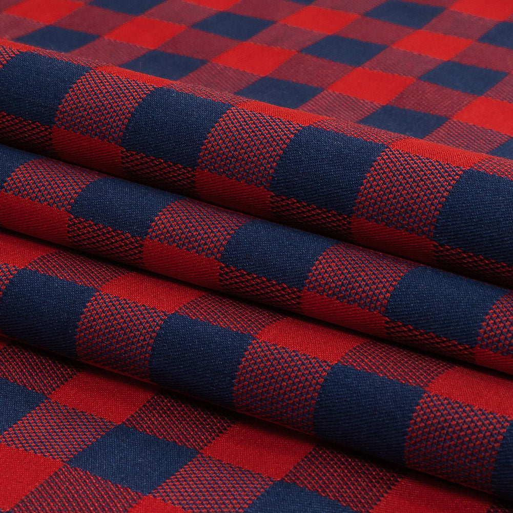 Red and Navy Checkered Cotton and Polyester Dobby Folded