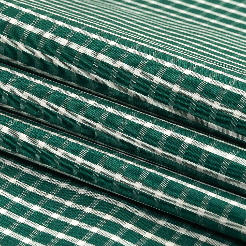 Evergreen and White Checkered Cotton and Polyester Shirting Folded