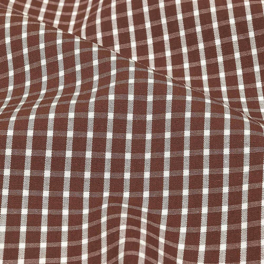 Brown and White Checkered Cotton and Polyester Shirting Detail