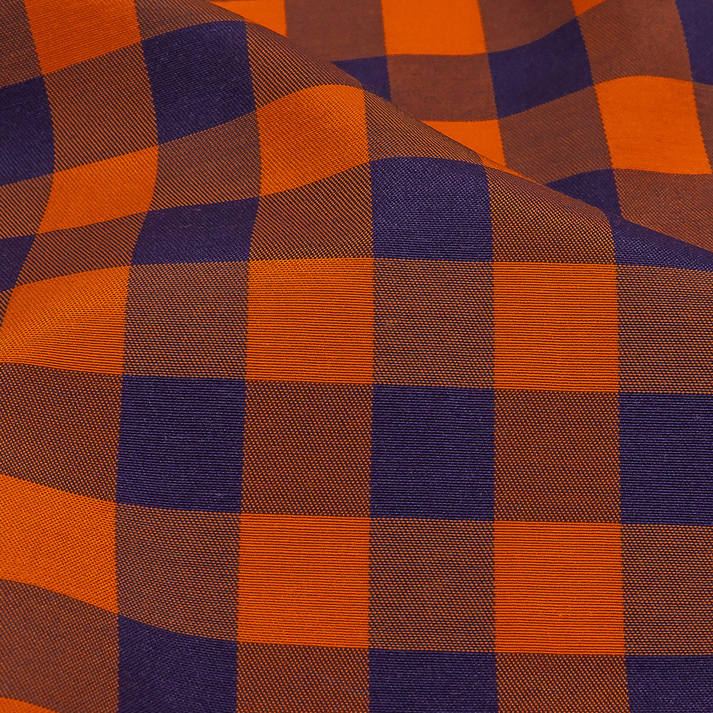 Orange and Navy Checked Cotton and Polyester Shirting Detail