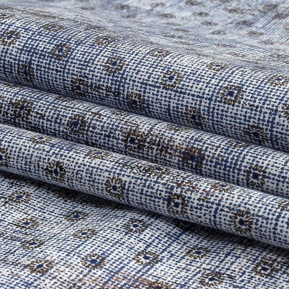 Brown and Blue Flowers and Dots Cotton and Polyester Shirting with Distressed Foil Topcoat Folded
