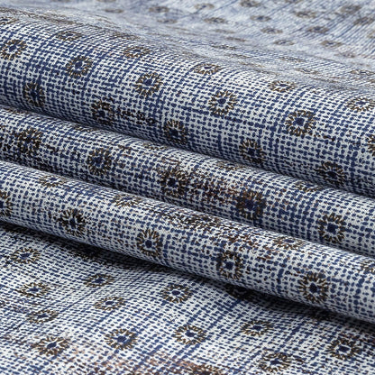 Brown and Blue Flowers and Dots Cotton and Polyester Shirting with Distressed Foil Topcoat Folded