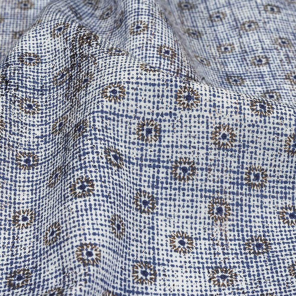 Brown and Blue Flowers and Dots Cotton and Polyester Shirting with Distressed Foil Topcoat Detail