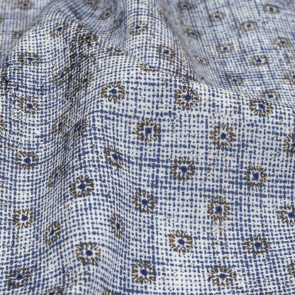 Brown and Blue Flowers and Dots Cotton and Polyester Shirting with Distressed Foil Topcoat Detail