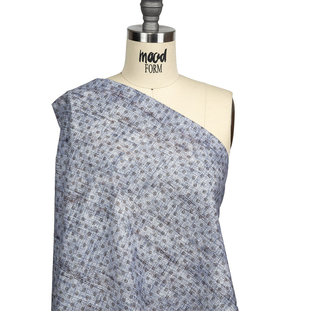 Brown and Blue Flowers and Dots Cotton and Polyester Shirting with Distressed Foil Topcoat Drape
