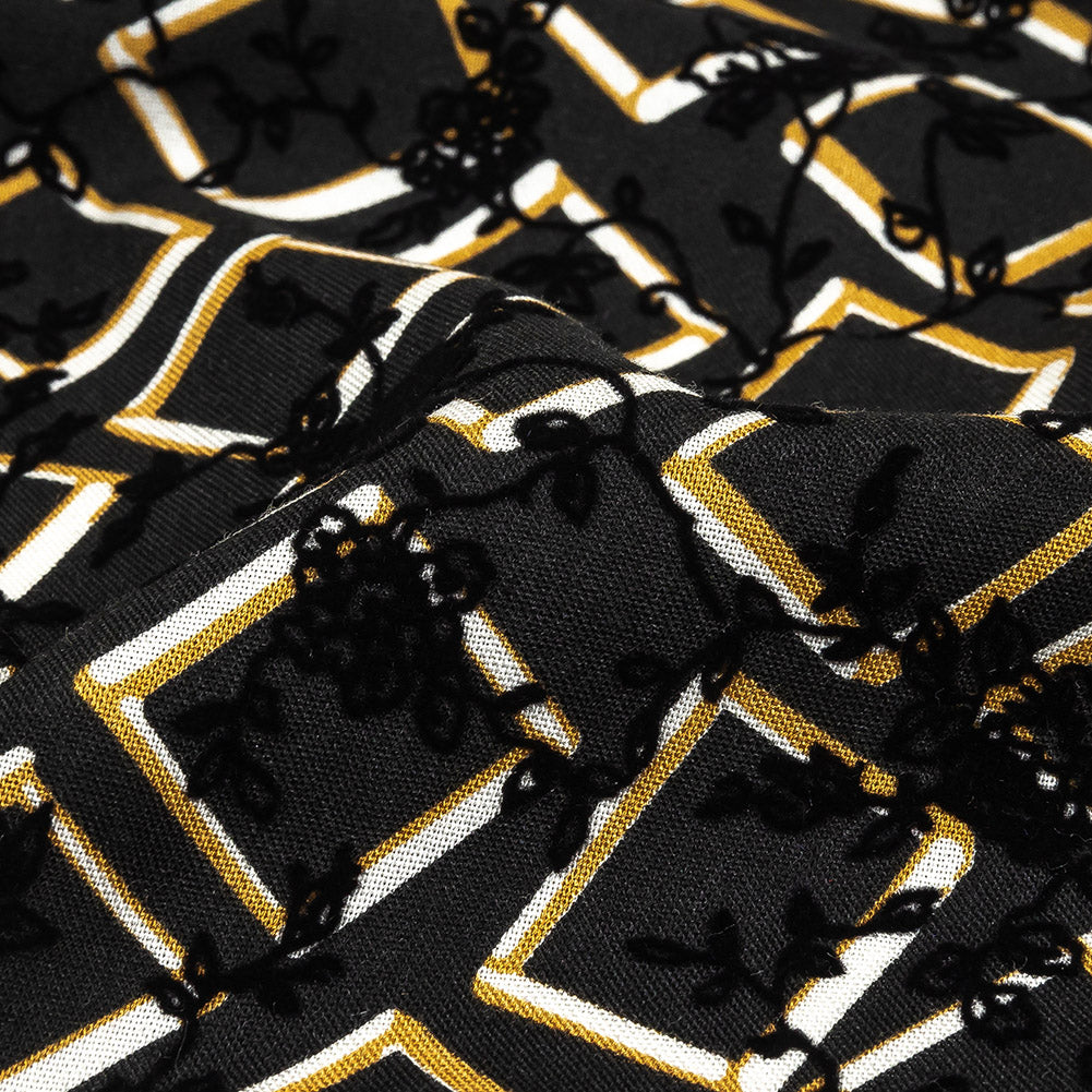 Black, White and Spruce Yellow Flocked Florals on Tossed Squares Printed Viscose Woven Detail