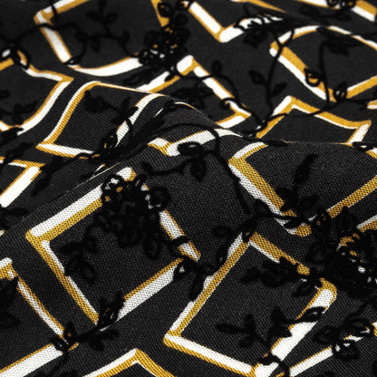 Black, White and Spruce Yellow Flocked Florals on Tossed Squares Printed Viscose Woven Detail