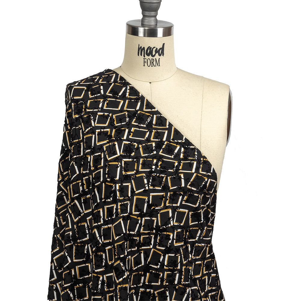 Black, White and Spruce Yellow Flocked Florals on Tossed Squares Printed Viscose Woven Drape