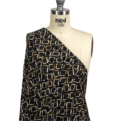 Black, White and Spruce Yellow Flocked Florals on Tossed Squares Printed Viscose Woven Drape