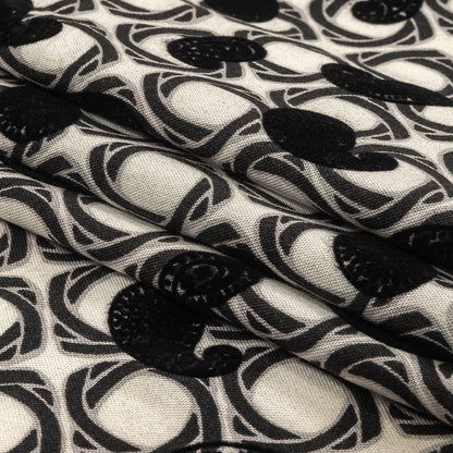 Black and White Flocked Paisley on Twisted Squares Printed Viscose Woven Folded