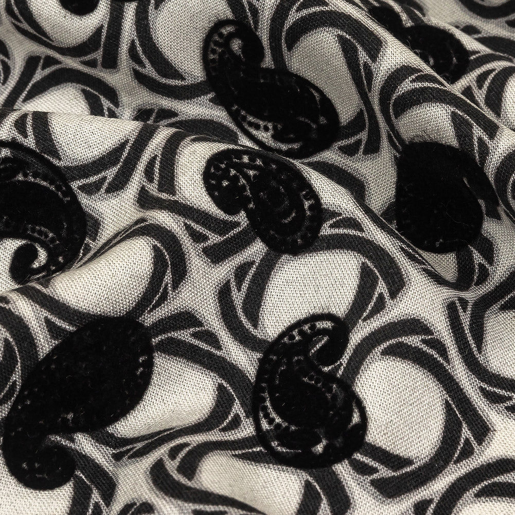 Black and White Flocked Paisley on Twisted Squares Printed Viscose Woven Detail