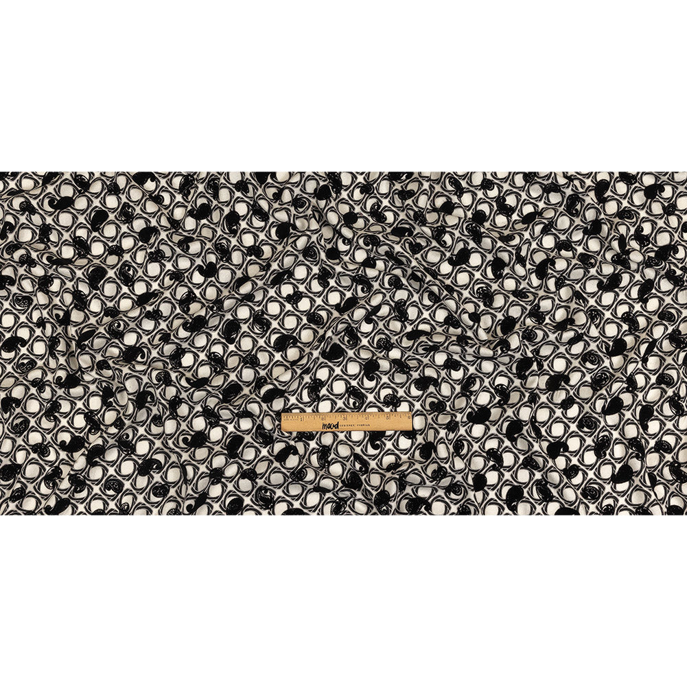 Black and White Flocked Paisley on Twisted Squares Printed Viscose Woven Full