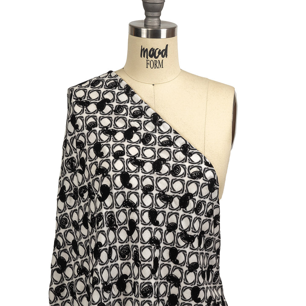Black and White Flocked Paisley on Twisted Squares Printed Viscose Woven Drape