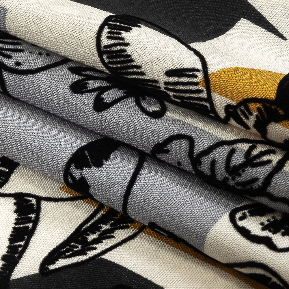 Black, Gray and Harvest Gold Flocked Flowers on Geometric Printed Viscose Woven Folded
