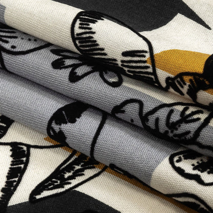Black, Gray and Harvest Gold Flocked Flowers on Geometric Printed Viscose Woven Folded