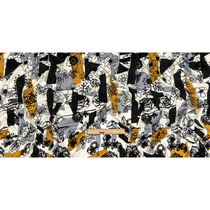 Black, Gray and Harvest Gold Flocked Flowers on Geometric Printed Viscose Woven Full