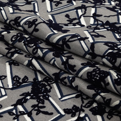 Gray, White and Navy Flocked Florals on Tossed Squares Printed Viscose Woven Folded