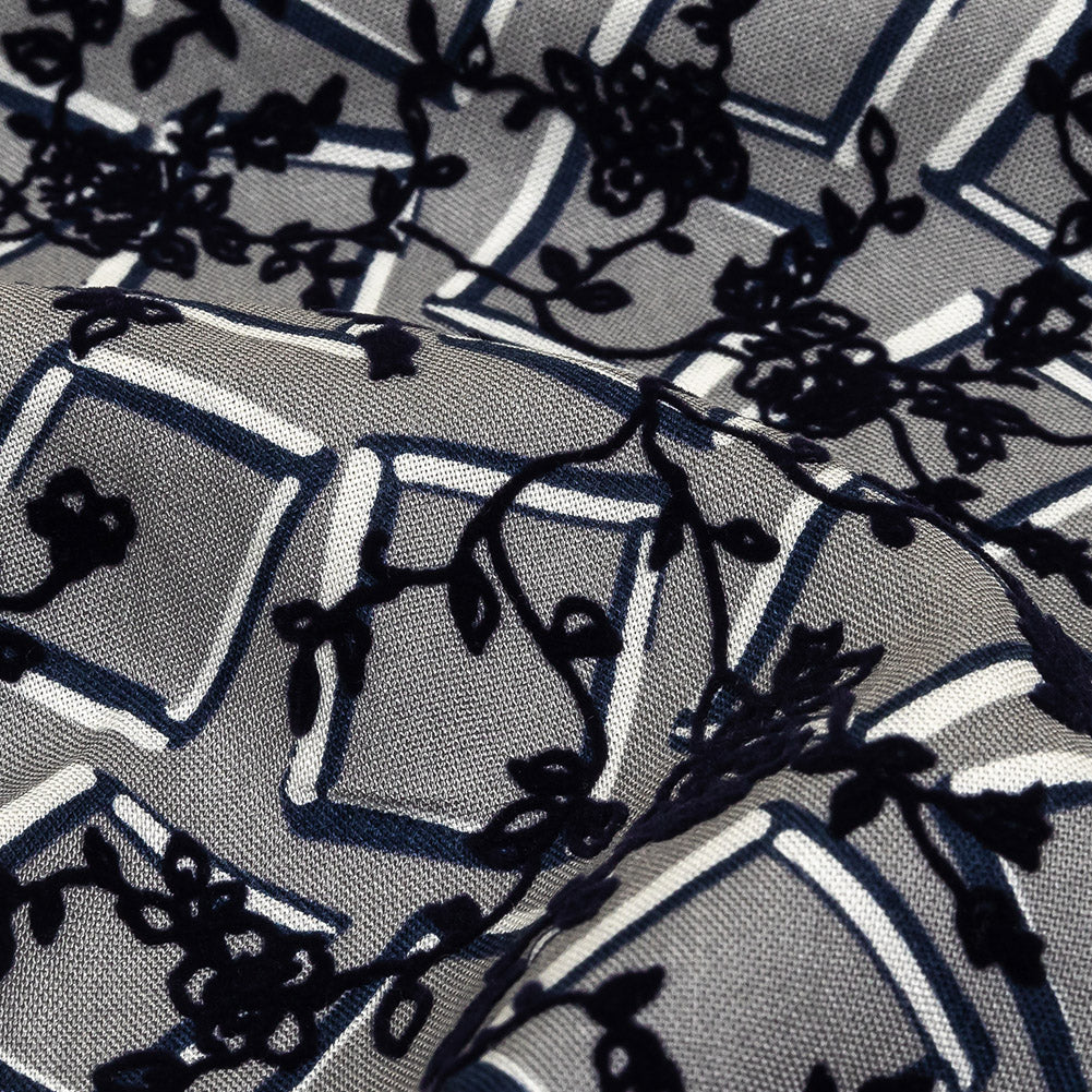 Gray, White and Navy Flocked Florals on Tossed Squares Printed Viscose Woven Detail