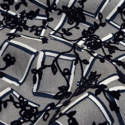 Gray, White and Navy Flocked Florals on Tossed Squares Printed Viscose Woven Detail