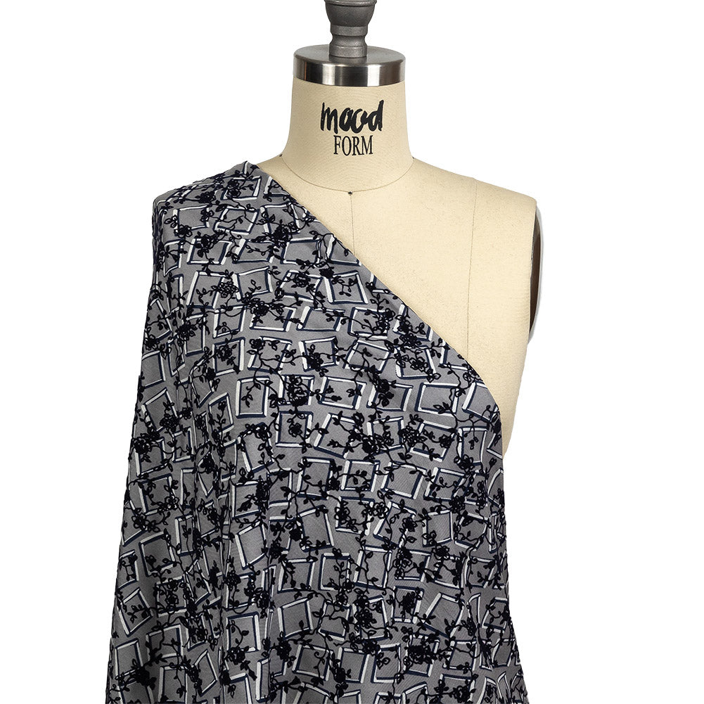 Gray, White and Navy Flocked Florals on Tossed Squares Printed Viscose Woven Drape