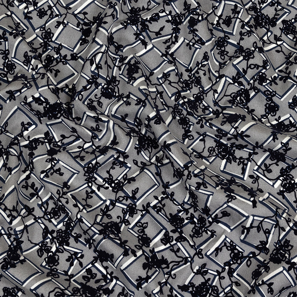Gray, White and Navy Flocked Florals on Tossed Squares Printed Viscose Woven