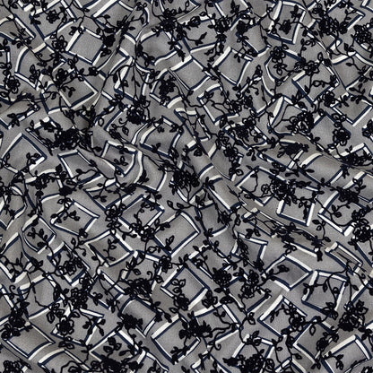 Gray, White and Navy Flocked Florals on Tossed Squares Printed Viscose Woven