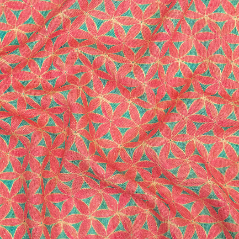 Viscose and Linen Woven Print - Hot Pink and Turquoise Geometric Floral - Mood Exclusive Homemade Hexagons
