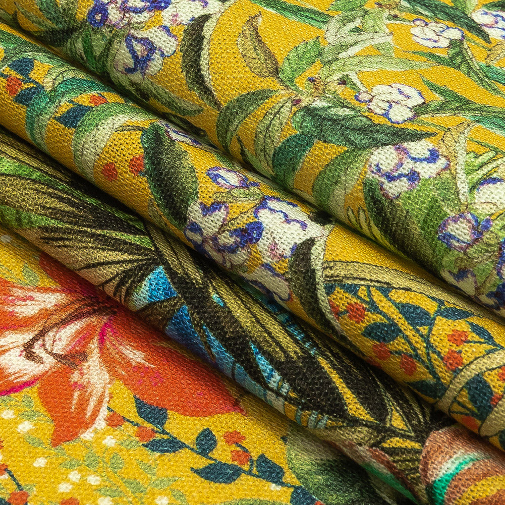 Linen and Rayon Woven Print - Yellow and Multicolor Floral - Mood Exclusive Amazonia Folded