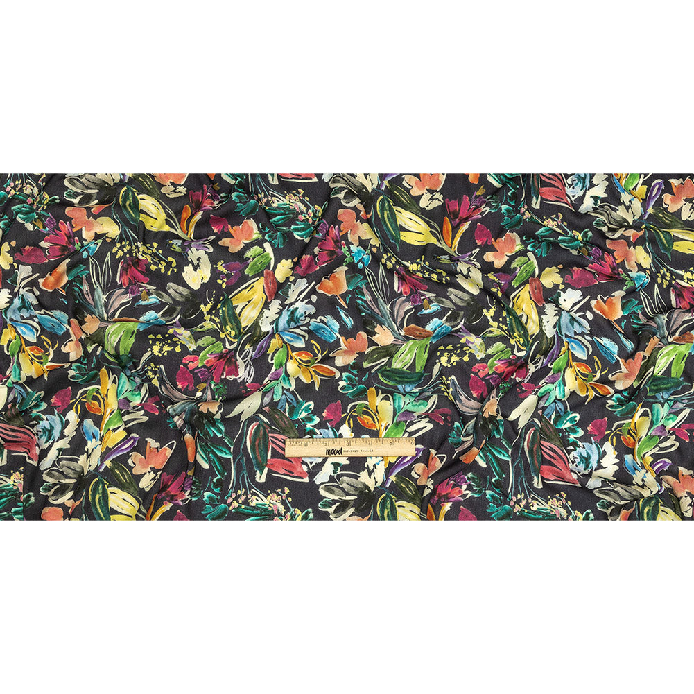 Gauzy Wrinkled Rayon Woven Print - Navy and Rainbow Floral - Mood Exclusive Midsummer's Night Full