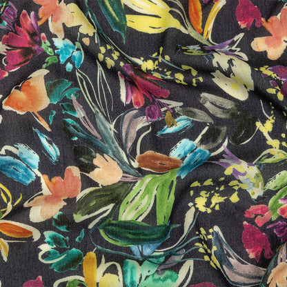 Gauzy Wrinkled Rayon Woven Print - Navy and Rainbow Floral - Mood Exclusive Midsummer's Night