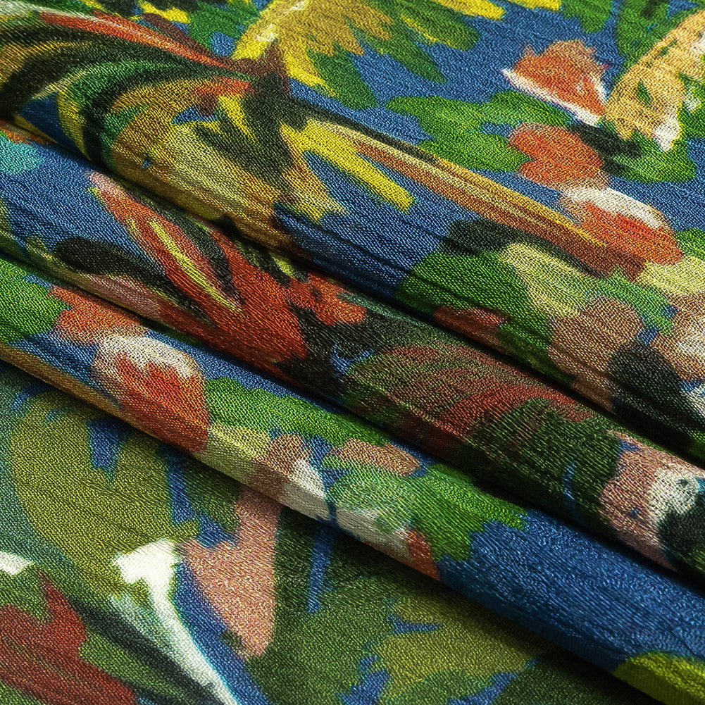 Crinkled Leafy Polyester Jacquard Print - Galaxy Blue, Green and Red Palm Trees - Mood Exclusive Beach Babe Folded