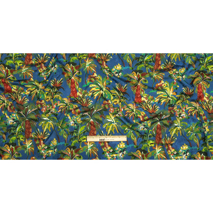 Crinkled Leafy Polyester Jacquard Print - Galaxy Blue, Green and Red Palm Trees - Mood Exclusive Beach Babe Full