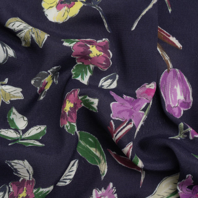 Sustainable Viscose Crepe Print - Purple, Navy, and Yellow Floral - Mood Exclusive Tulip Fever