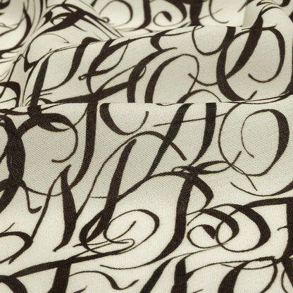 Sustainable Viscose Woven Print - White Calligraphic Letters - Mood Exclusive Dear Ms. Austen Detail