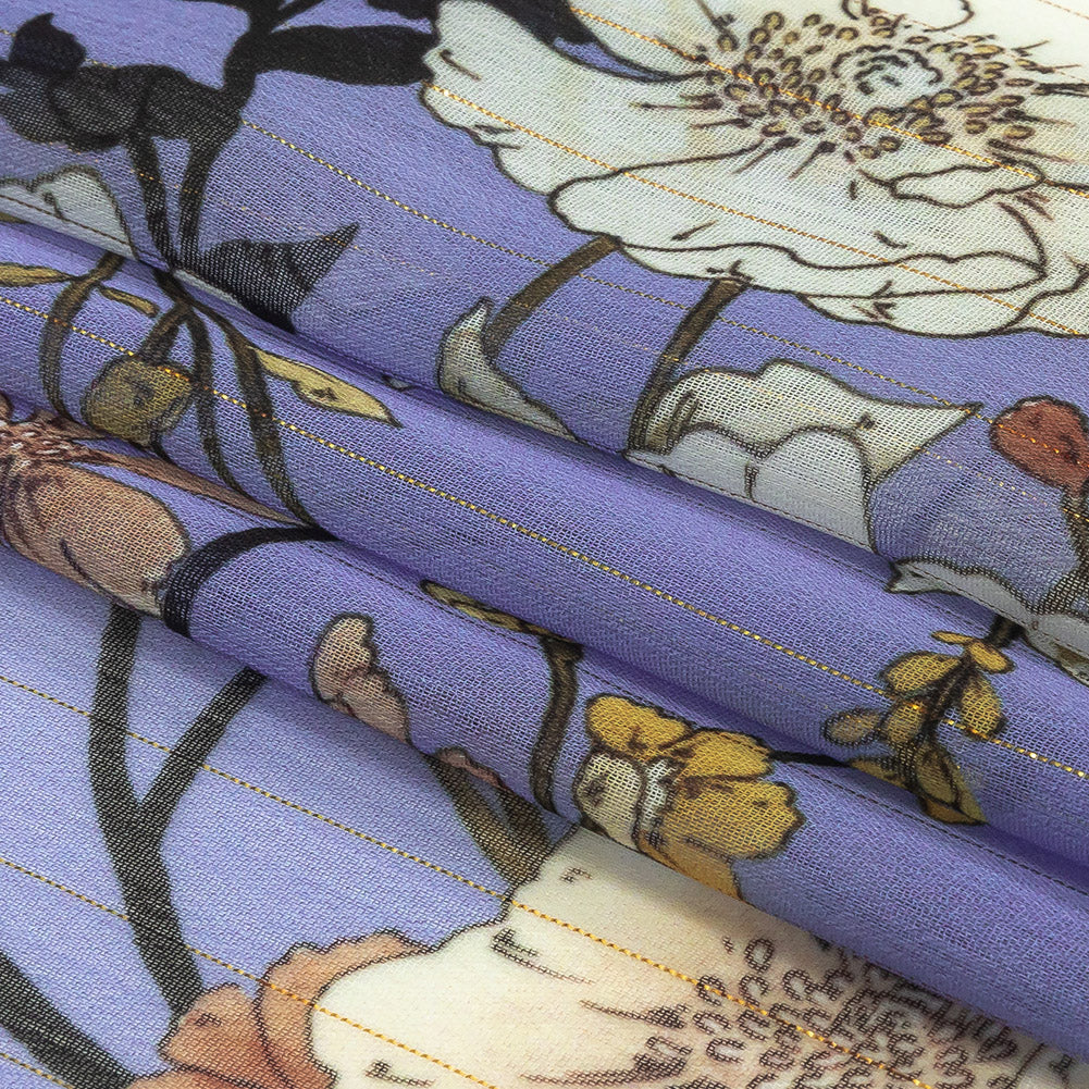 Polyester Chiffon Print with Metallic Pinstripes - Lavender and White Floral - Mood Exclusive Ornamental Orchestra Folded