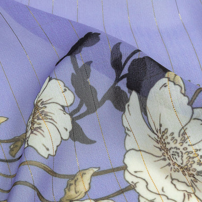 Polyester Chiffon Print with Metallic Pinstripes - Lavender and White Floral - Mood Exclusive Ornamental Orchestra Detail