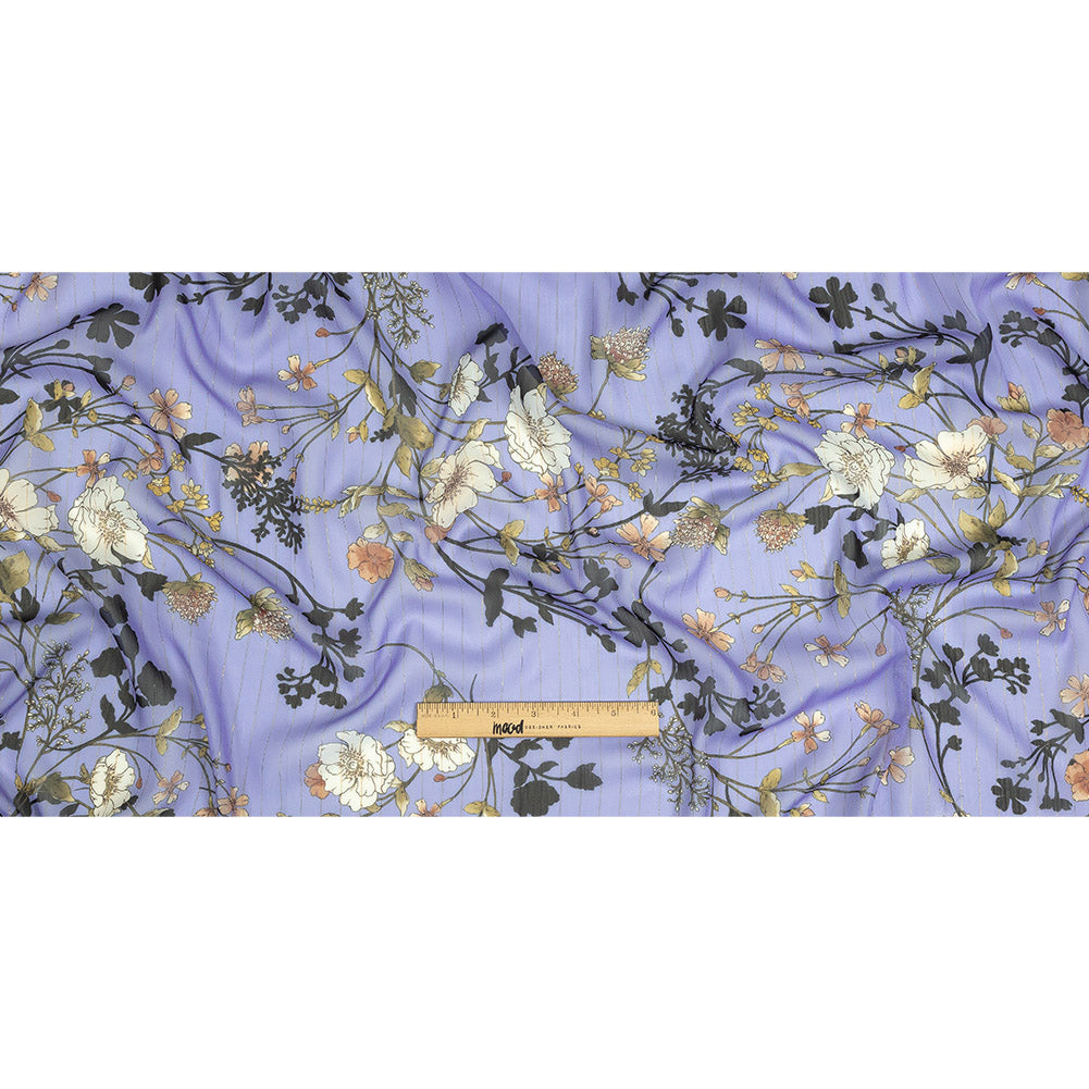 Polyester Chiffon Print with Metallic Pinstripes - Lavender and White Floral - Mood Exclusive Ornamental Orchestra Full