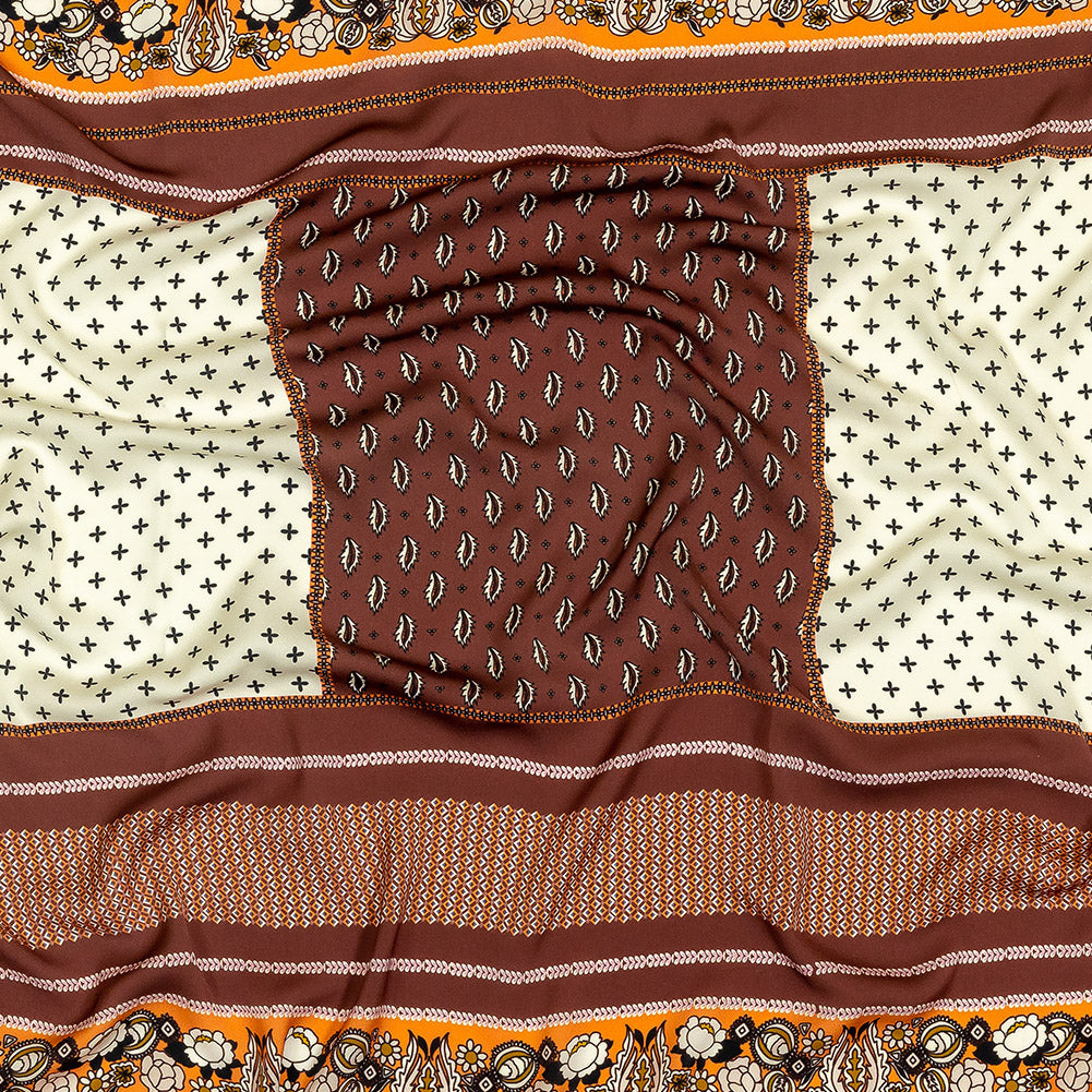 Polyester Crepe de Chine Panel - Brown, White and Orange Paisley Patchwork - Mood Exclusive Tidy Tapestry