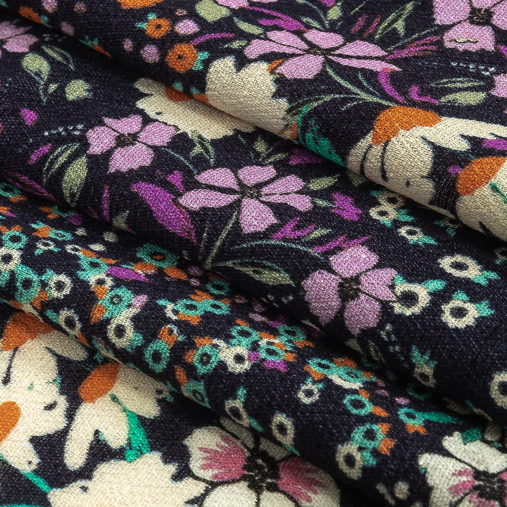 Gauzy Viscose Crepe Print - Navy, Purple and Orange Floral - Mood Exclusive Meet Me at Midnight Folded