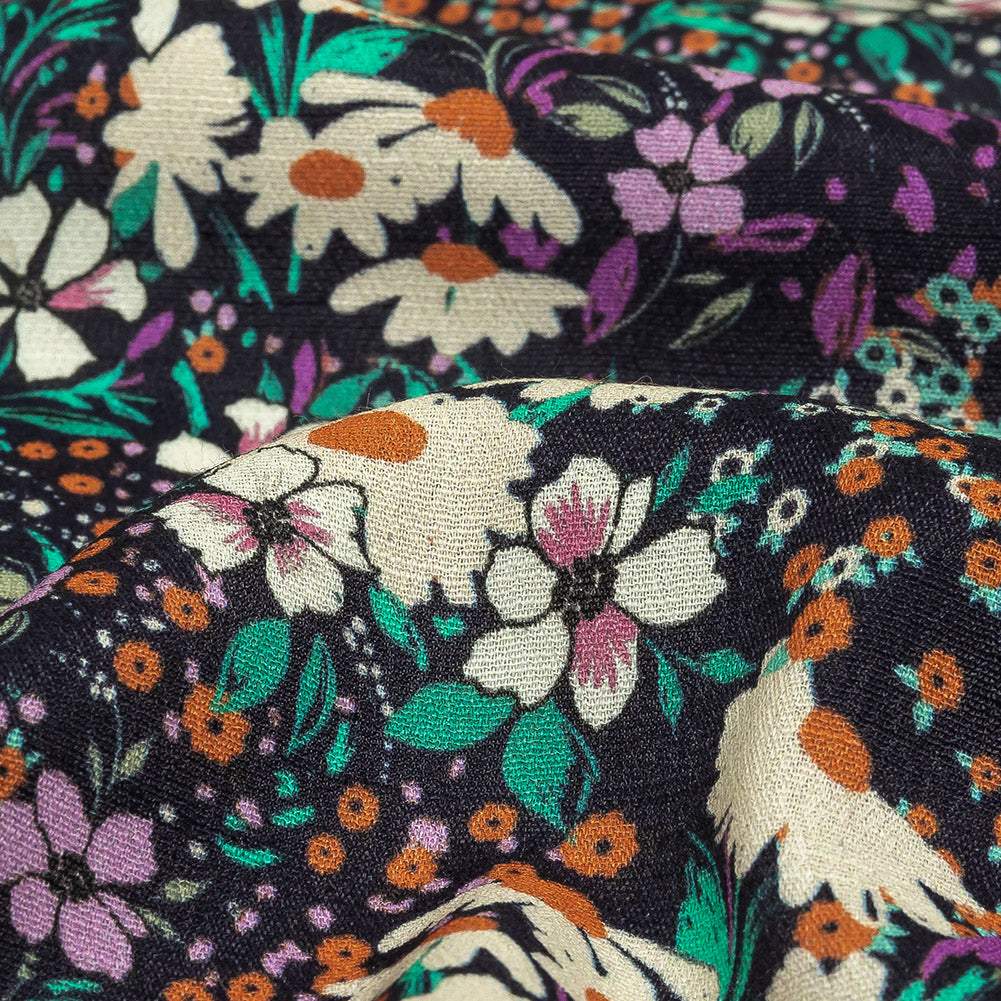 Gauzy Viscose Crepe Print - Navy, Purple and Orange Floral - Mood Exclusive Meet Me at Midnight Detail