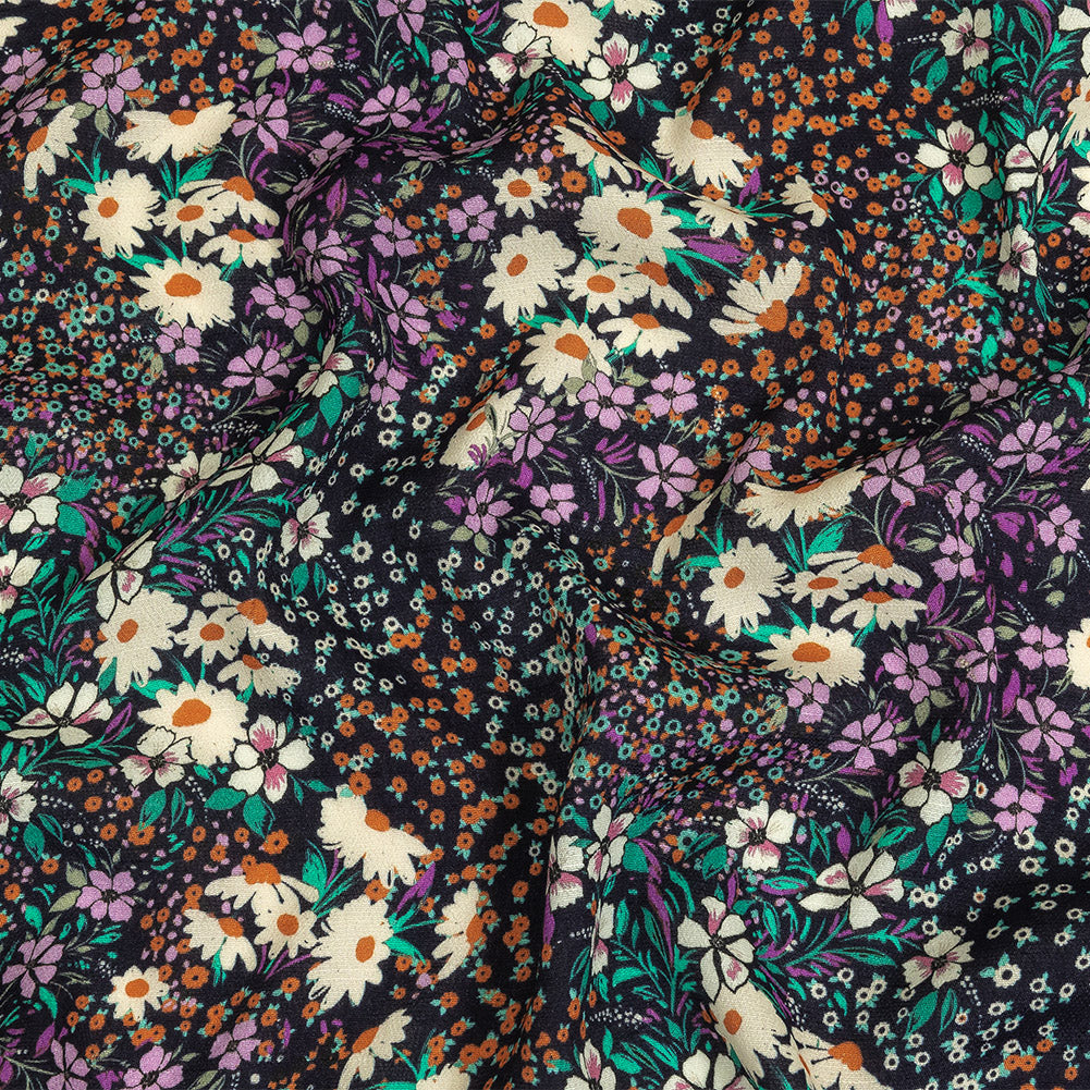 Gauzy Viscose Crepe Print - Navy, Purple and Orange Floral - Mood Exclusive Meet Me at Midnight
