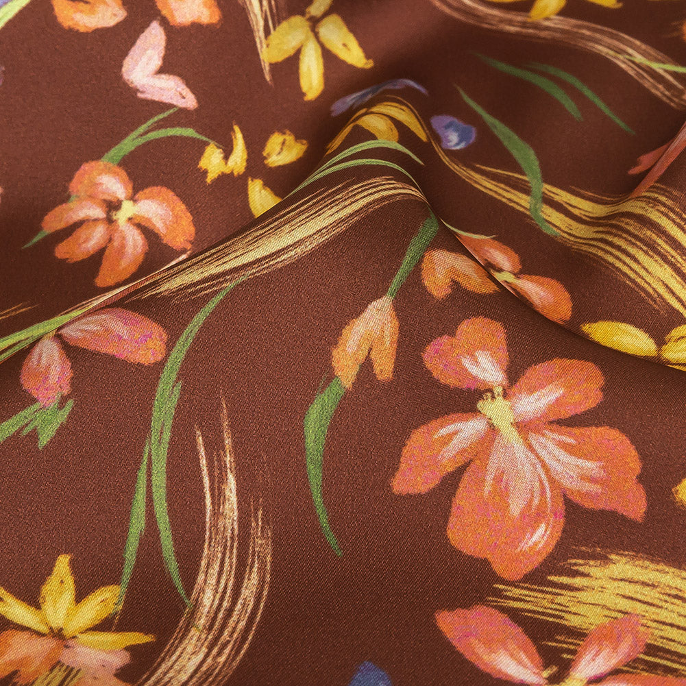 Polyester Charmeuse Print - Brown, Pink and Blue Floral - Mood Exclusive In the Wind Detail